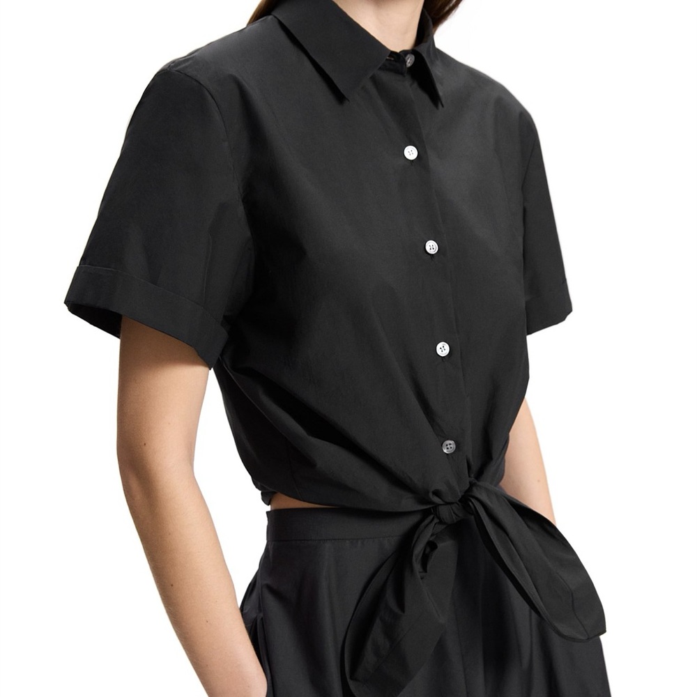 Theory HEKANINA CS Black Button Down Tie-Front Shirt. Sea Slub. Style 00124504